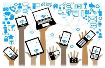 Hands holding up various mobile devices